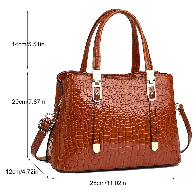 Women's Crocodile Embossed Shoulder Handbag - Stylish Solid Color Crossbody Purse With Removable Strap