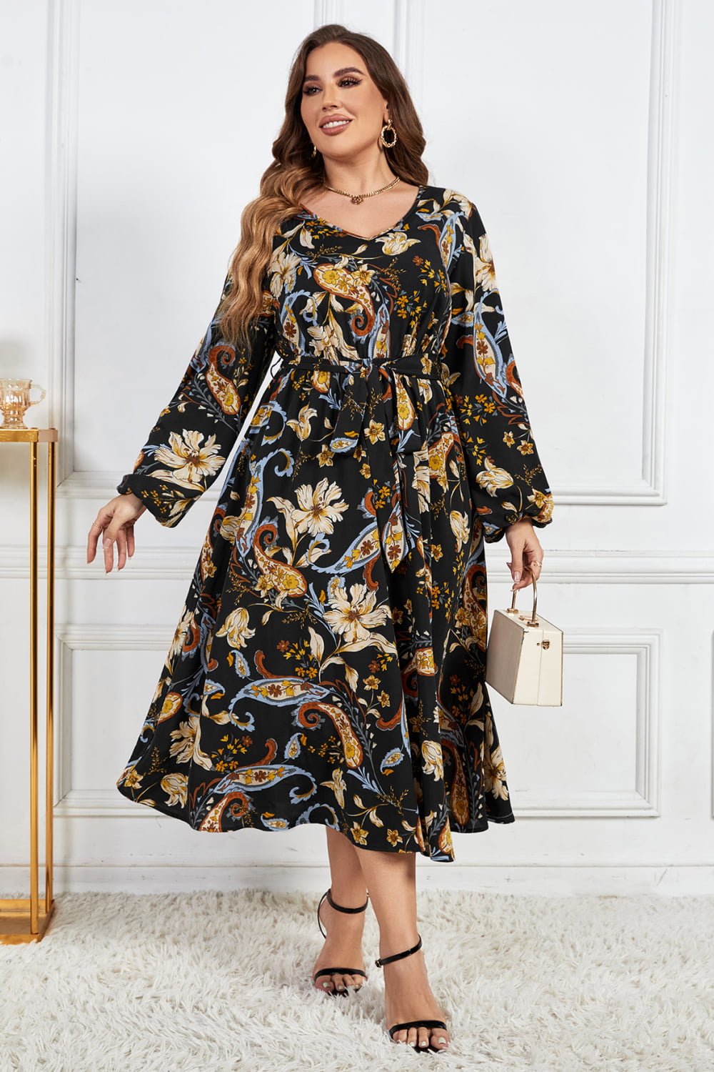 Melo Apparel Plus Size Floral Print Tie Belt Balloon Sleeve Midi Dress