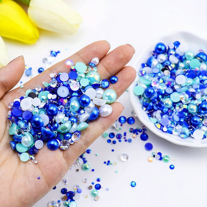 3800pcs 30g Mixed Flat Back Pearls and Rhinestones for Crafts and Nail Art - 3mm-10mm Sizes in Blue, Pink, and White - Perfect for Eye Makeup and Jewelry Design