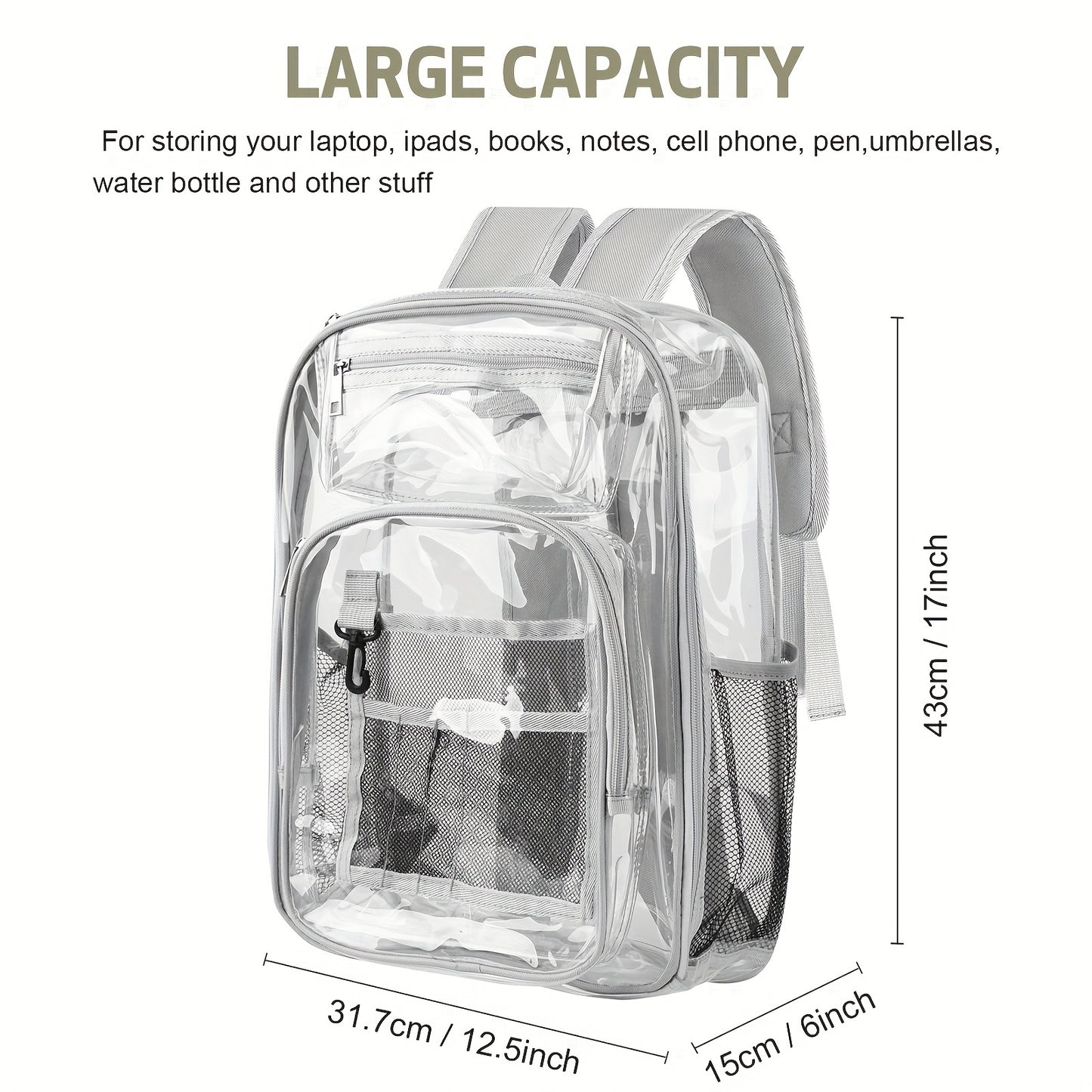 Student Clear Backpack, Large Heavy Duty PVC Transparent Backpack, See Through With Reinforced Straps Backpack Clear Bookbag For School, Sports, Work, Travel, College,Grey Black Pink Purple