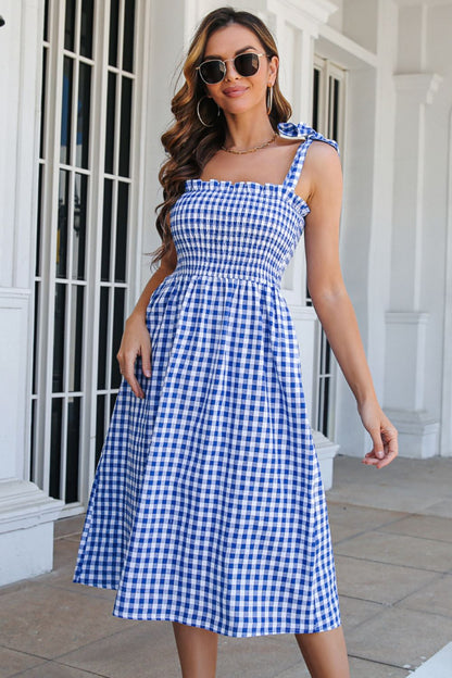 Plaid Frill Trim Tie Shoulder Dress