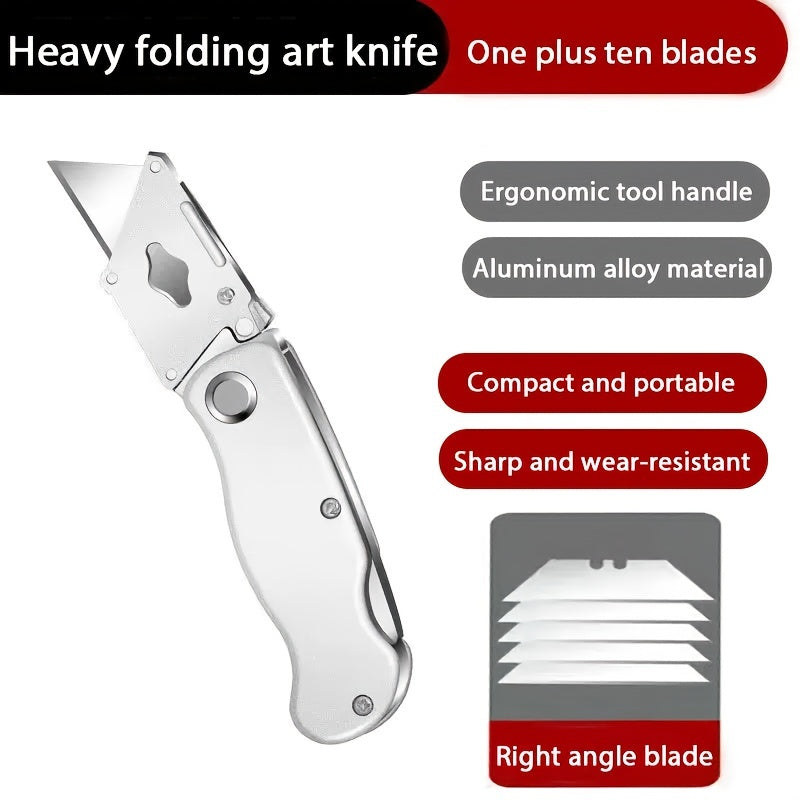 1pc Multifunction Folding Knife, Portable Pocket Knife, Electrician Utility Knife With 10pcs Blades Paper Cutter DIY Hand Tools, Stainless Steel Utility Knife, Woodworking Outdoor Camping Multifunctional High-Carbon Steel Wallpaper Cutting