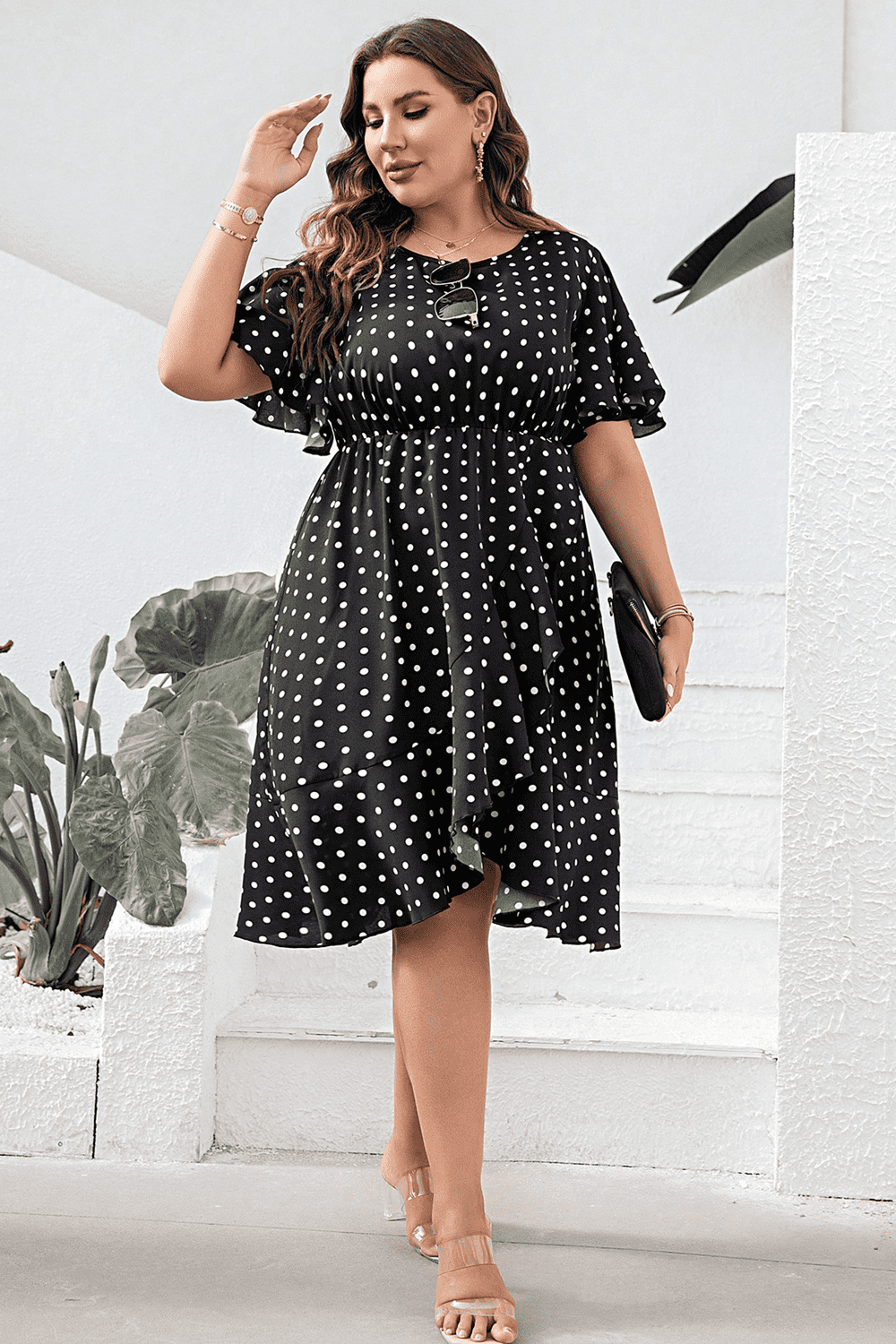 Plus Size Polka Dot Flutter Sleeve Dress