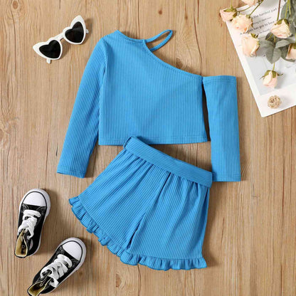 Girls Ribbed Top and Belted Ruffle Hem Shorts Set