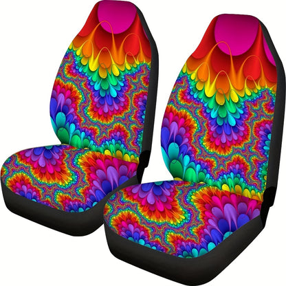 2pcs Rainbow Hippie Tie Dye Universal Car Seat Covers,Front Seats Only,Bucket Seat Protectors Fit For Cars, SUVs, Sedan Or Van