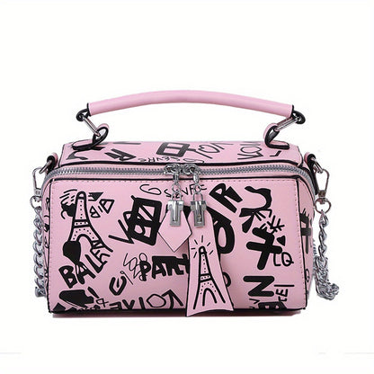 Trendy Graffiti Handbag for Women - Stylish Chain Crossbody Bag with Small Zipper Box Purse