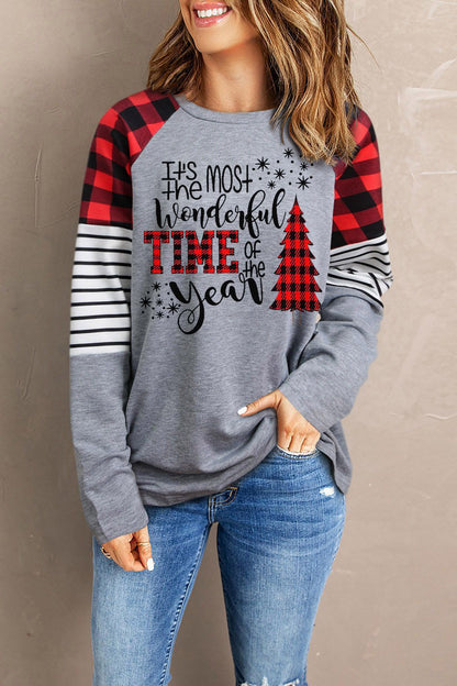 Christmas Mixed Print Letter Graphic Raglan Sleeve Top