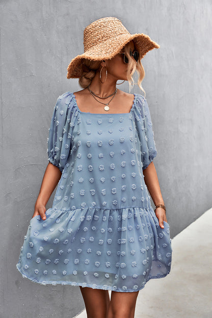 Swiss Dot Square Neck Half Balloon Sleeve Dress