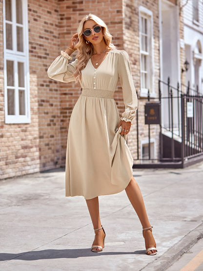 Buttoned V-Neck Flounce Sleeve Midi Dress