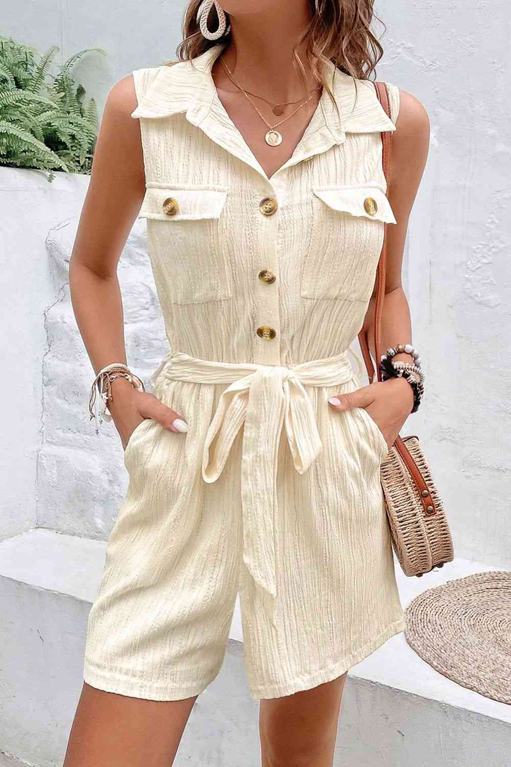 Collared Neck Buttoned Tie Waist Sleeveless Romper