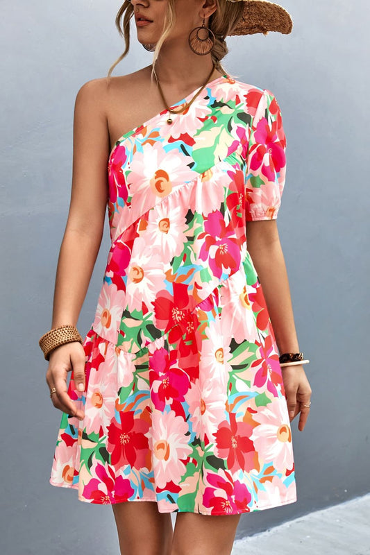 Floral One-Shoulder Puff Sleeve Dress