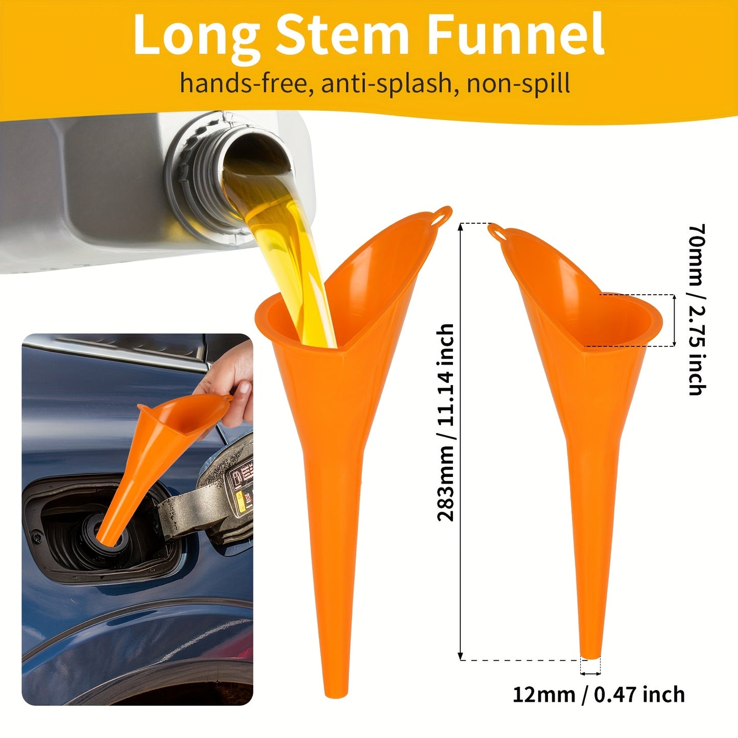 (2kit-Yellow) Gas Can Spout Replacement Kit with Long Stem Funnel and Anti-Splash Plastic Funnel - Includes 4 Screw Collar Caps