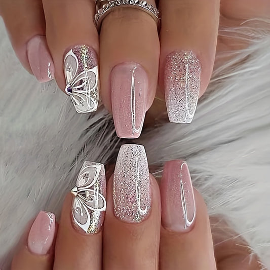 24 pièces rose brillant et blanc pointe française papillon presse sur les ongles avec poudre de paillettes-ongles acryliques à couverture complète pour les femmes 