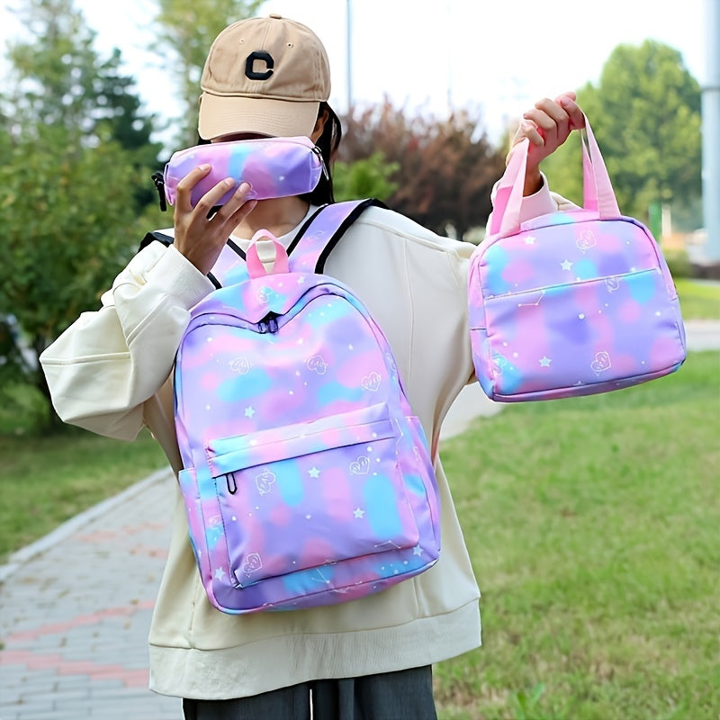 3Pcs Kawaii Backpack Set, Tie Dye Cartoon Pattern School Bag With Lunch Box Bag & Pencil Case