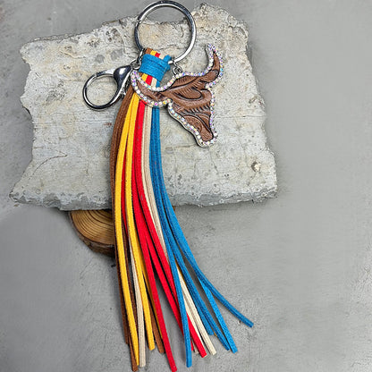 Rhinestone Bull Keychain with Tassel