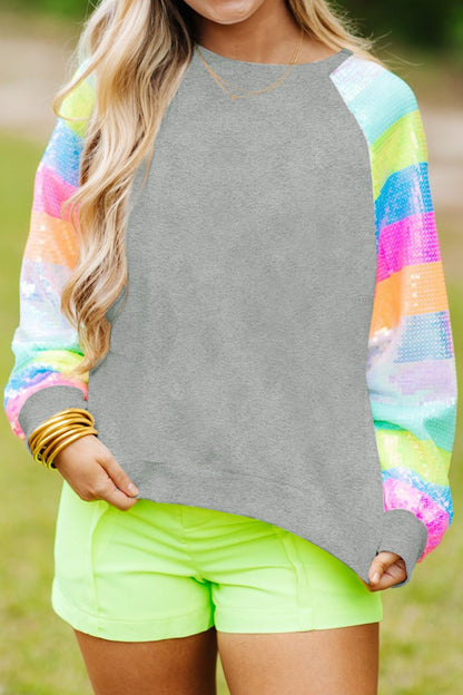 Round Neck Color Block Glitter Sleeve Sweatshirt