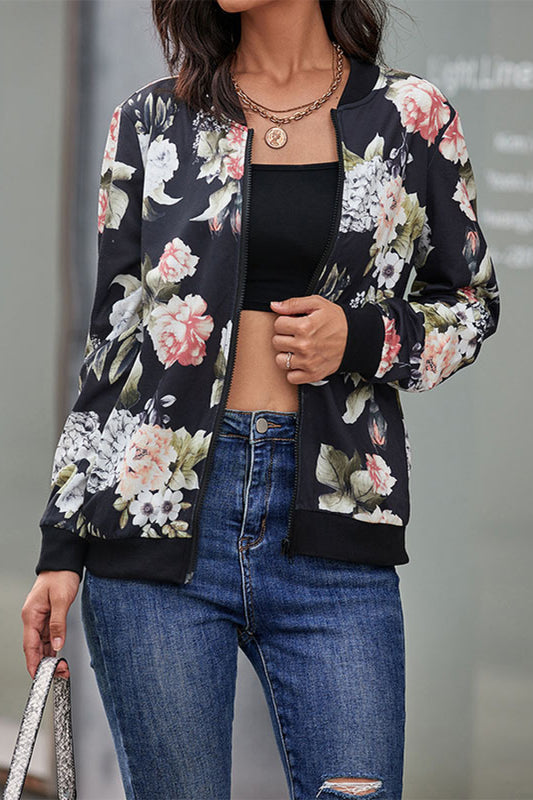 Blouson aviateur zippé à imprimé floral