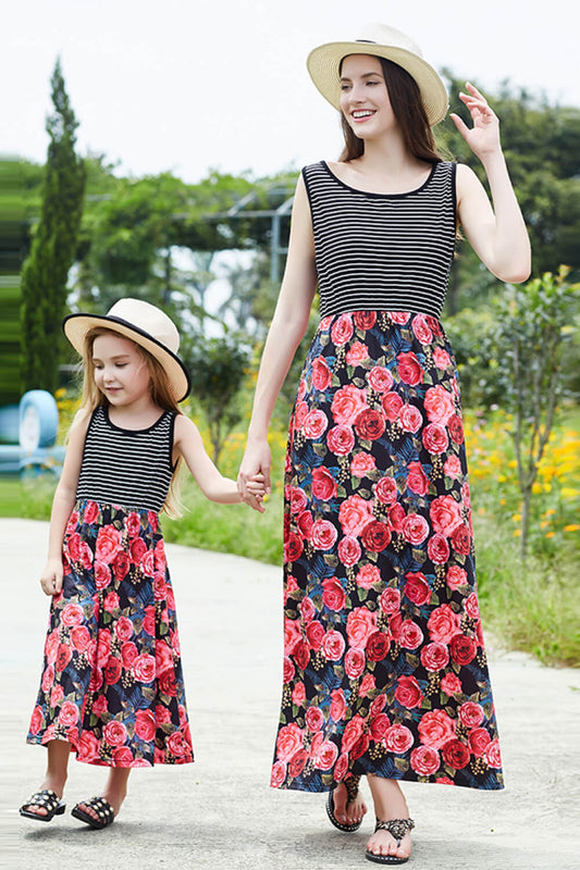 Robe épissée à fleurs rayées pour fille