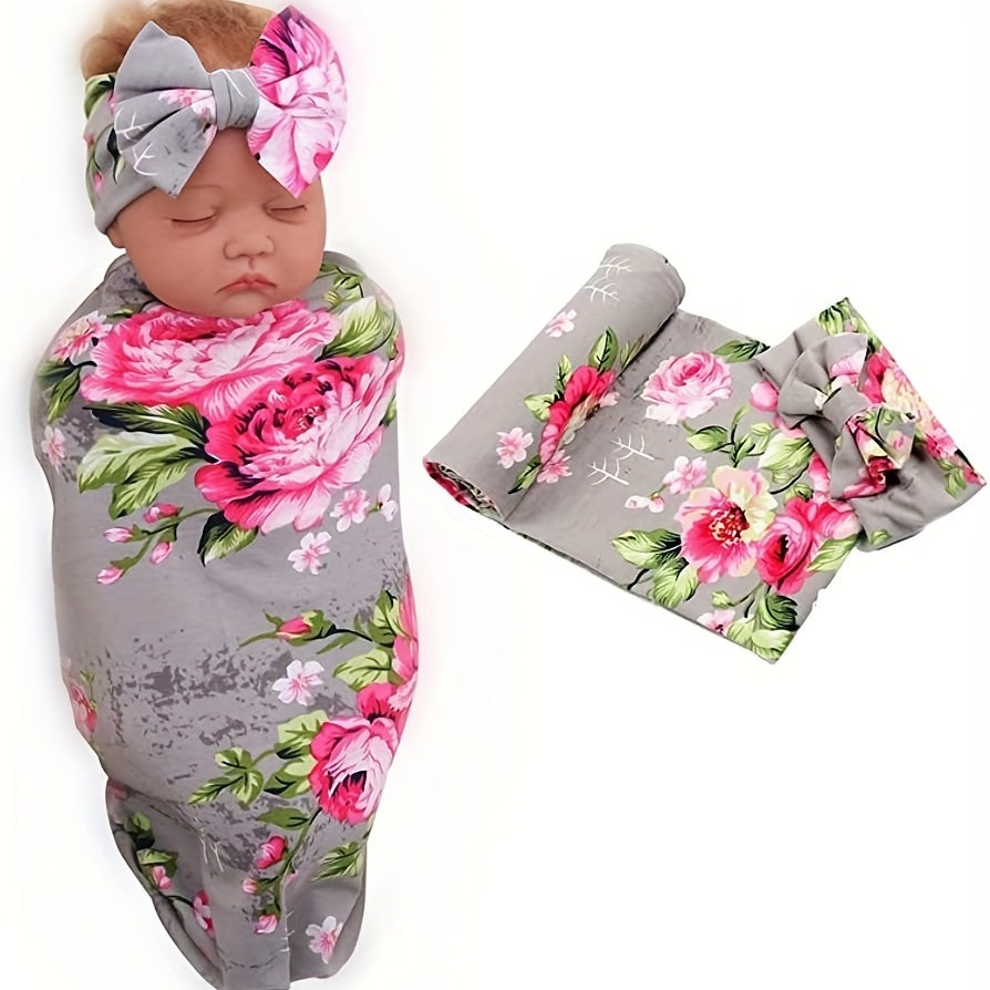 2pcs Flower Print Baby Receiving Blanket and Headband Set - Soft and Cozy Swaddle for Newborns