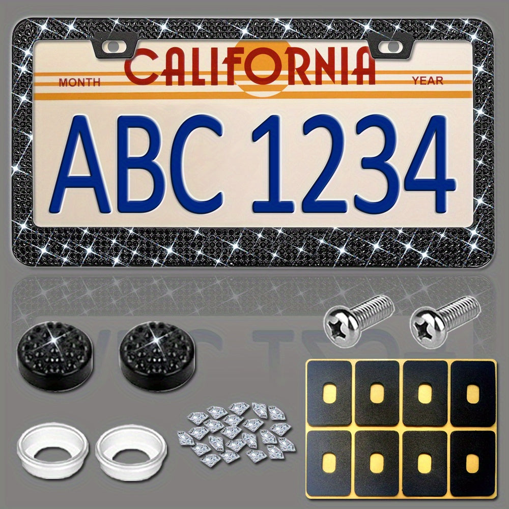 1 pc Sparkling Rhinestone License Plate Frames for Women - Glass and Metal Car Tag Holders with Bling Screws and Caps