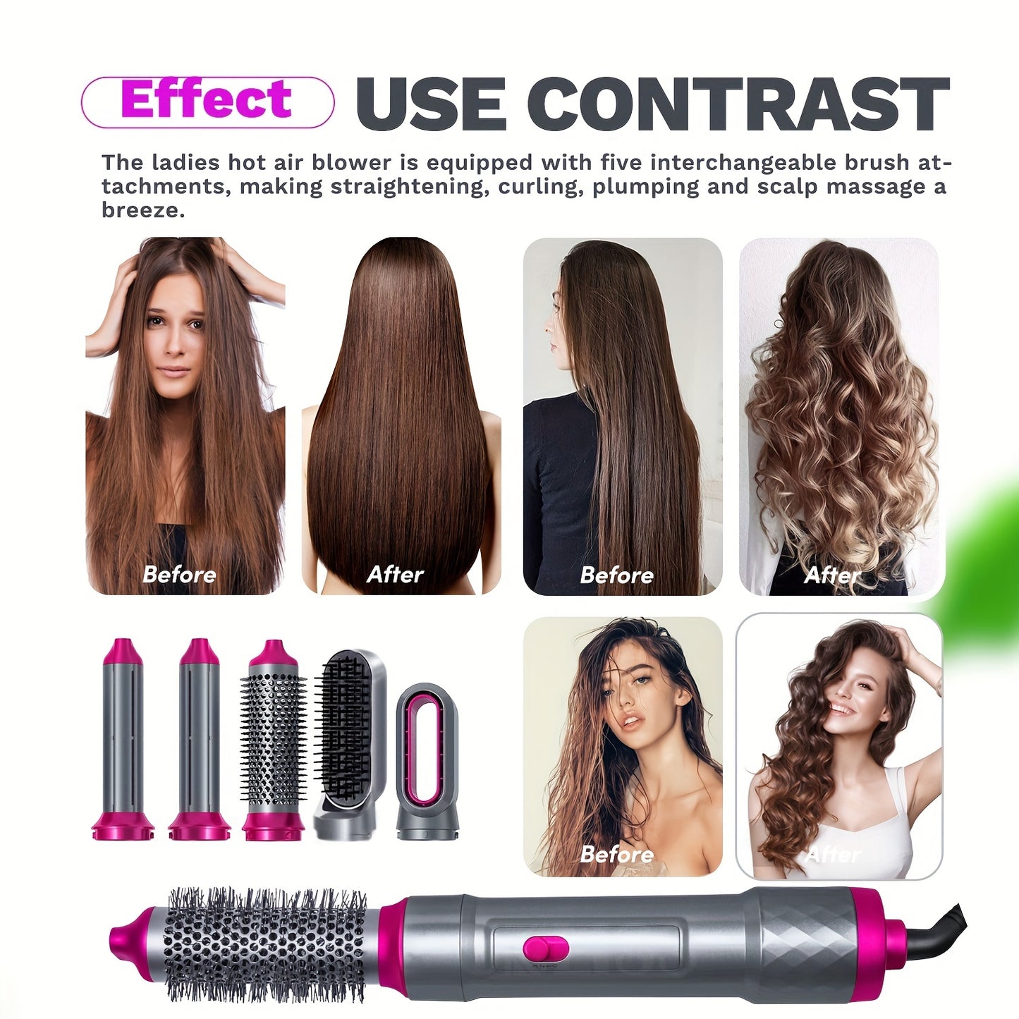 6-in-1 Hot Air Brush Set with Negative Ion Technology for Volumizing, Straightening, and Curling - Perfect for Women and Girls