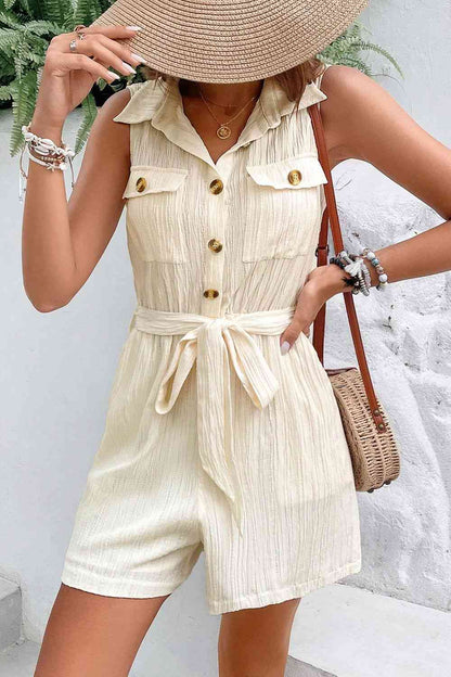 Collared Neck Buttoned Tie Waist Sleeveless Romper