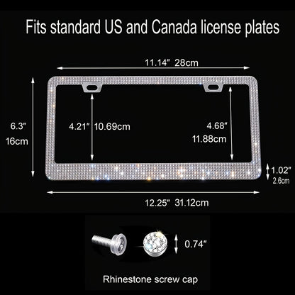 1 pc Sparkling Rhinestone License Plate Frames for Women - Glass and Metal Car Tag Holders with Bling Screws and Caps