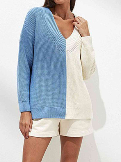 Contrast V-Neck Dropped Shoulder Sweater