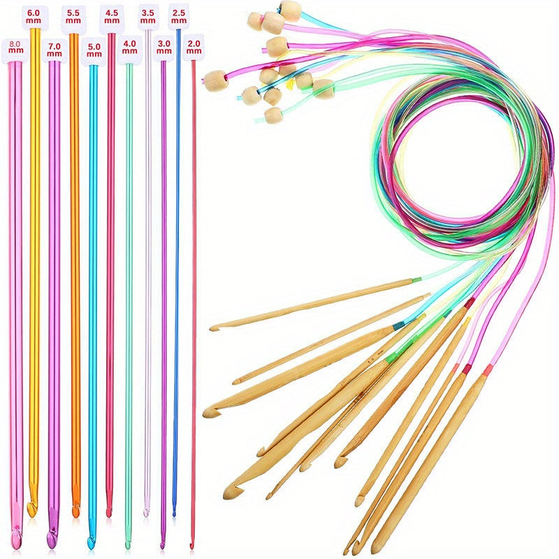 23-Piece Colorful Cable Bamboo Knitting Needle & Aluminum Crochet Hook Set - Perfect for Tunisian Crochet Projects!