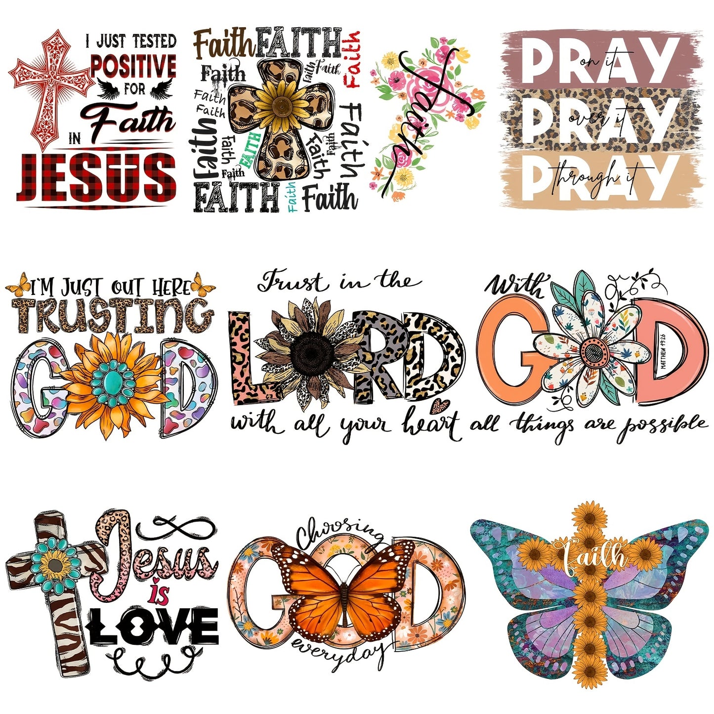 10pcs Jesus Iron-on Transfer Designs: Create Unique DIY Clothing with Heat Press Appliques & Heat Transfer Vinyl Patches!