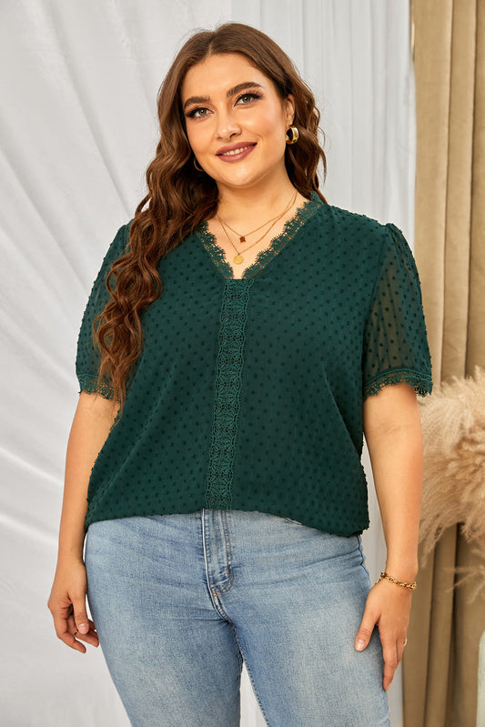 Blouse à Col en V en Dentelle Épissée à Pois Suisses de Grande Taille