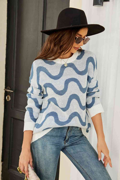 Wave Stripe Ribbed Trim Tunic Sweater