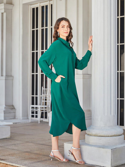 Collared Neck Long Sleeve Midi Shirt Dress