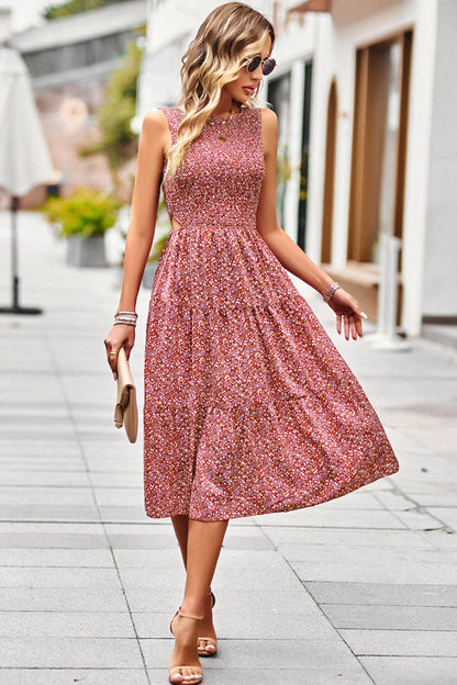 Printed Round Neck Slit Sleeveless Dress