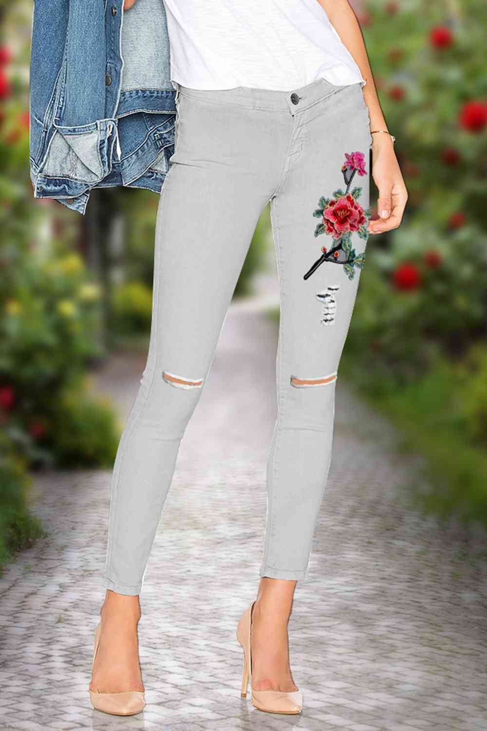 Flower Embroidery Cutout Jeans