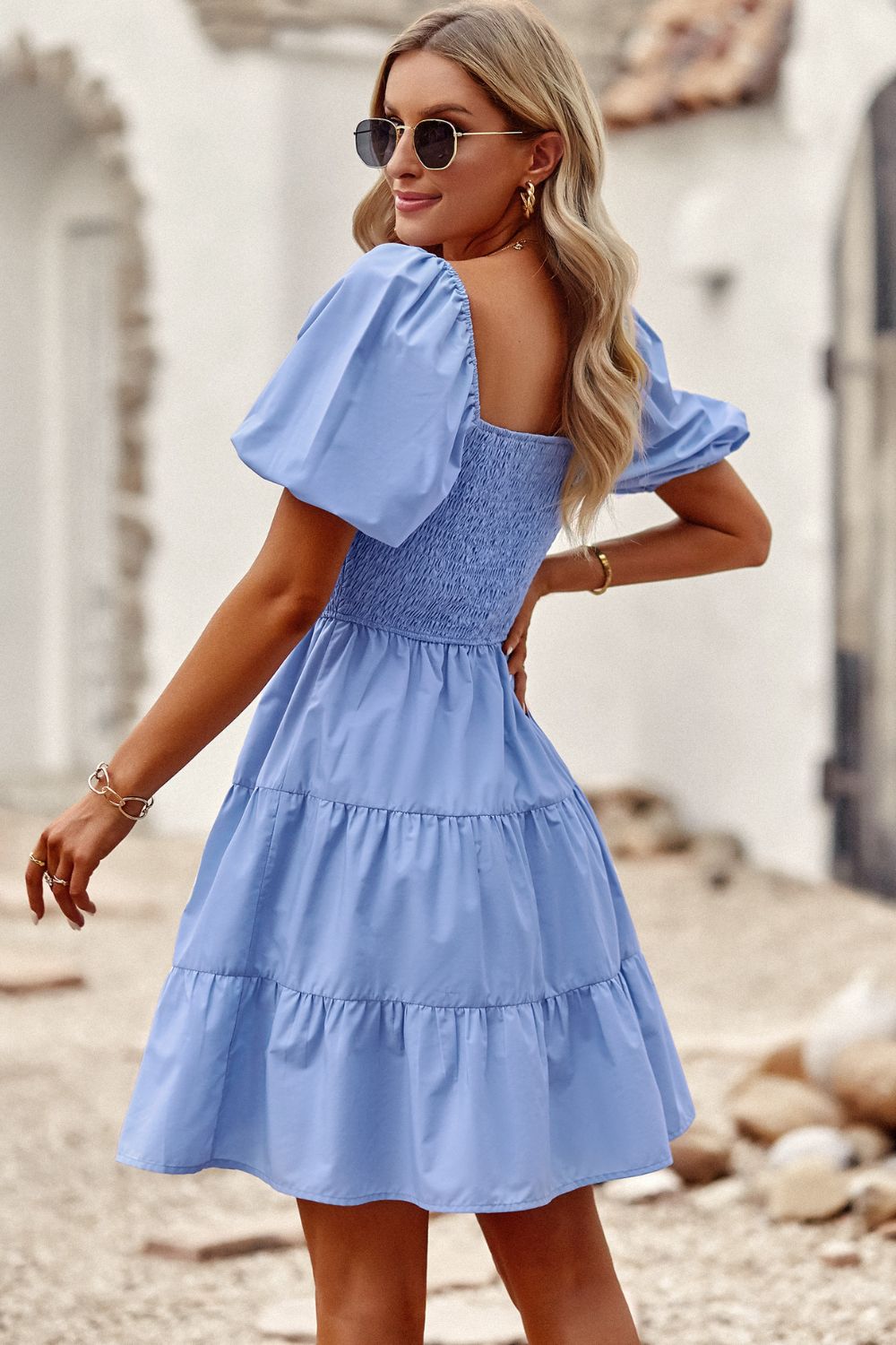 Balloon Sleeve Square Neck Smocked Midi Dress