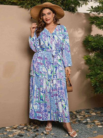 Robe Maxi Imprimée à Manches Longues de Grande Taille