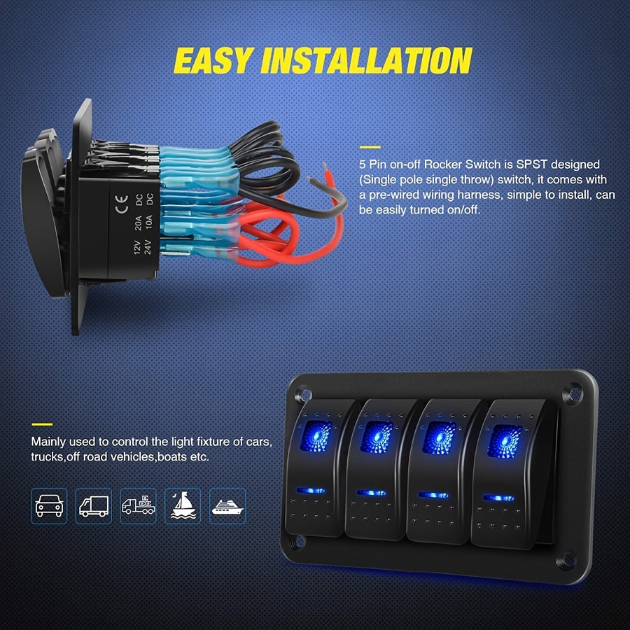 Upgrade Your Vehicle with a 4-Gang Aluminum Rocker Switch Panel - 5 Pin ON/Off Pre-Wired Rocker Switch with Blue Backlit - Perfect for Automotive, Marine, Boat, and RV!