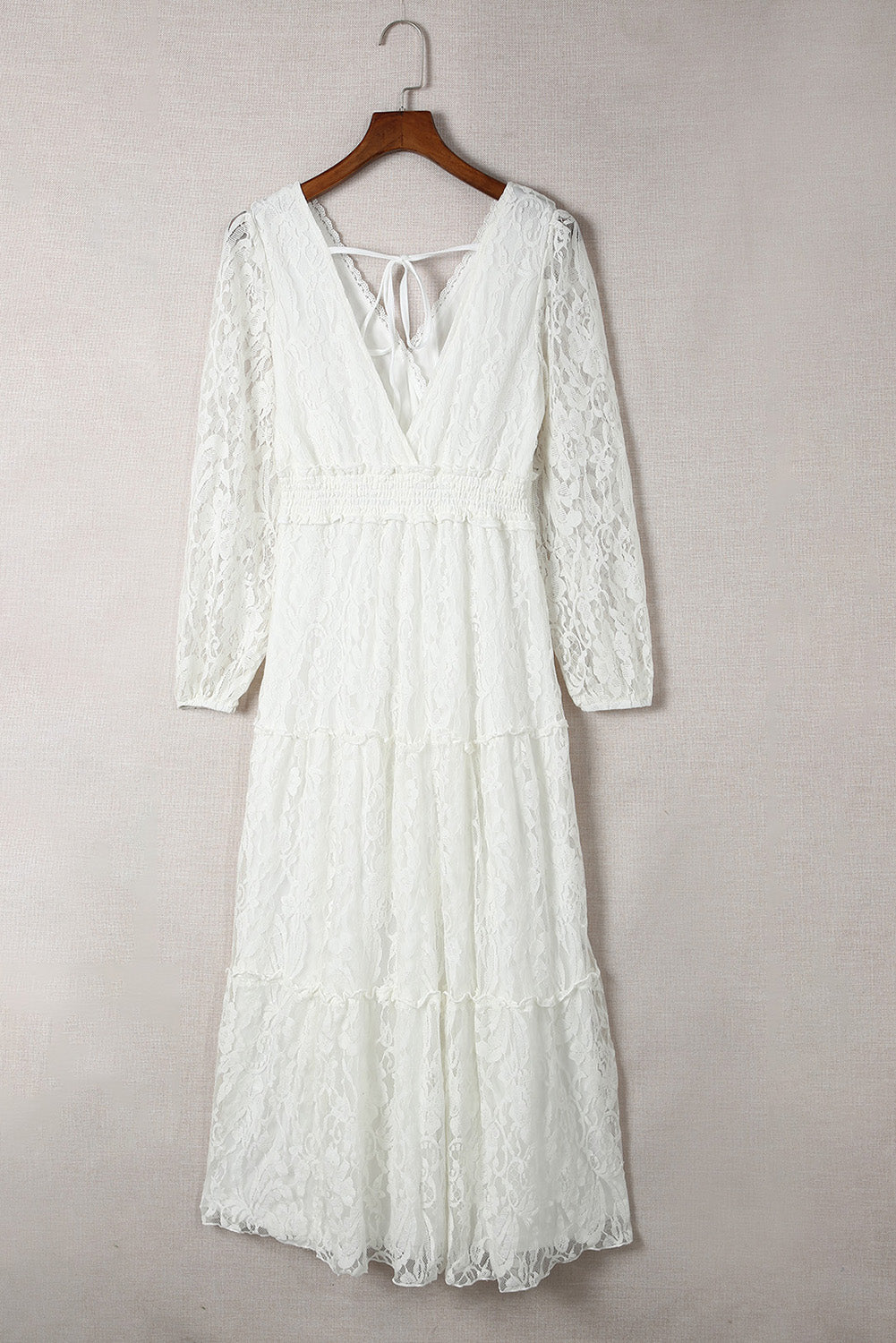 Puff Sleeve Tie-Back Lace Surplice Dress