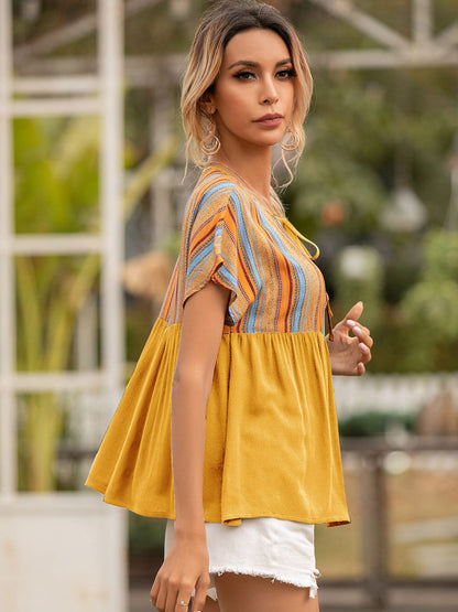 Striped Tie Neck Short Sleeve Blouse