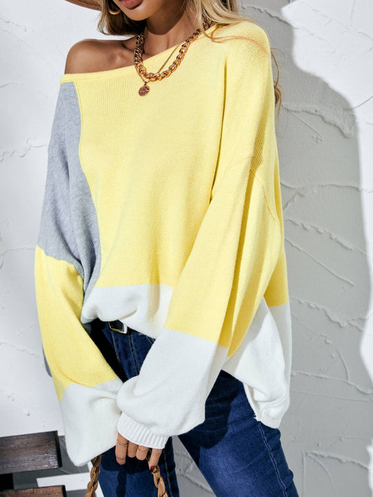 Color Block Balloon Sleeve Boat Neck Sweater