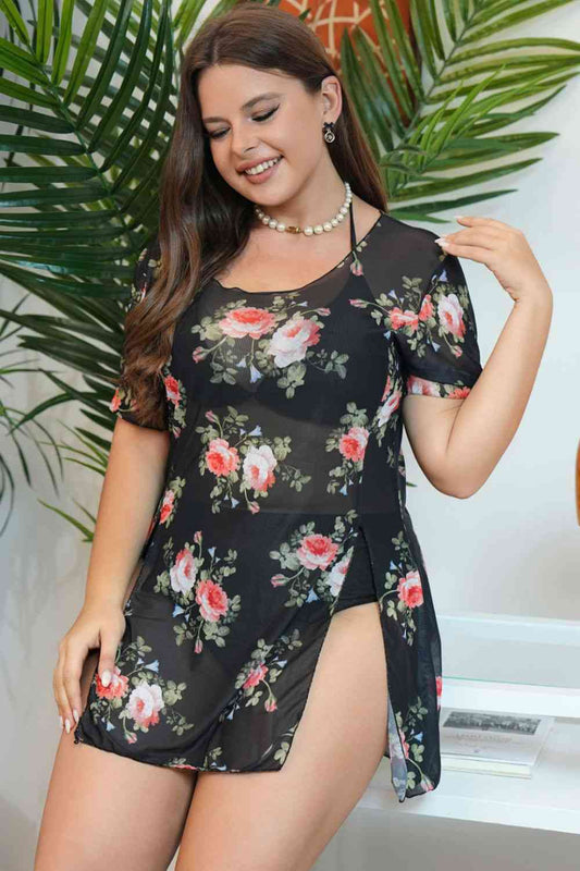 Ensemble de Maillot de Bain Trois Pièces Fendu Floral de Grande Taille