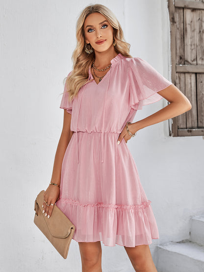 Frill Trim Tie Neck Flutter Sleeve Dress