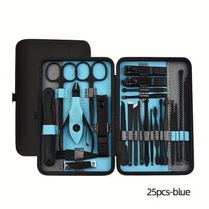 10/15/25 pcs Stainless Steel Manicure Kit with Black Leather Travel Case - Perfect for Men and Women - Includes Nail Clippers and Other Essentials