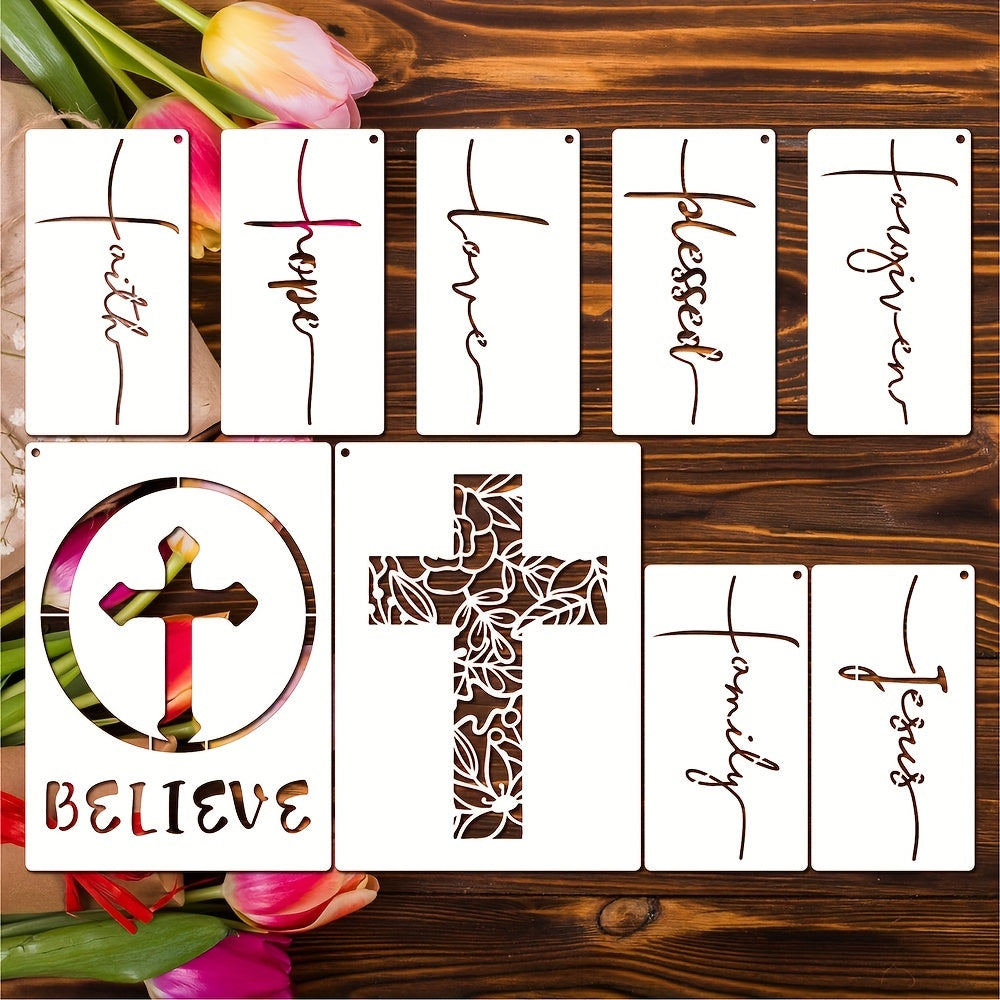 9pcs Christian Cross Painting Stencils Set - Forgiveness, Believe in Jesus, Reusable Stencils for Wall Decor, Wood, Canvas & More