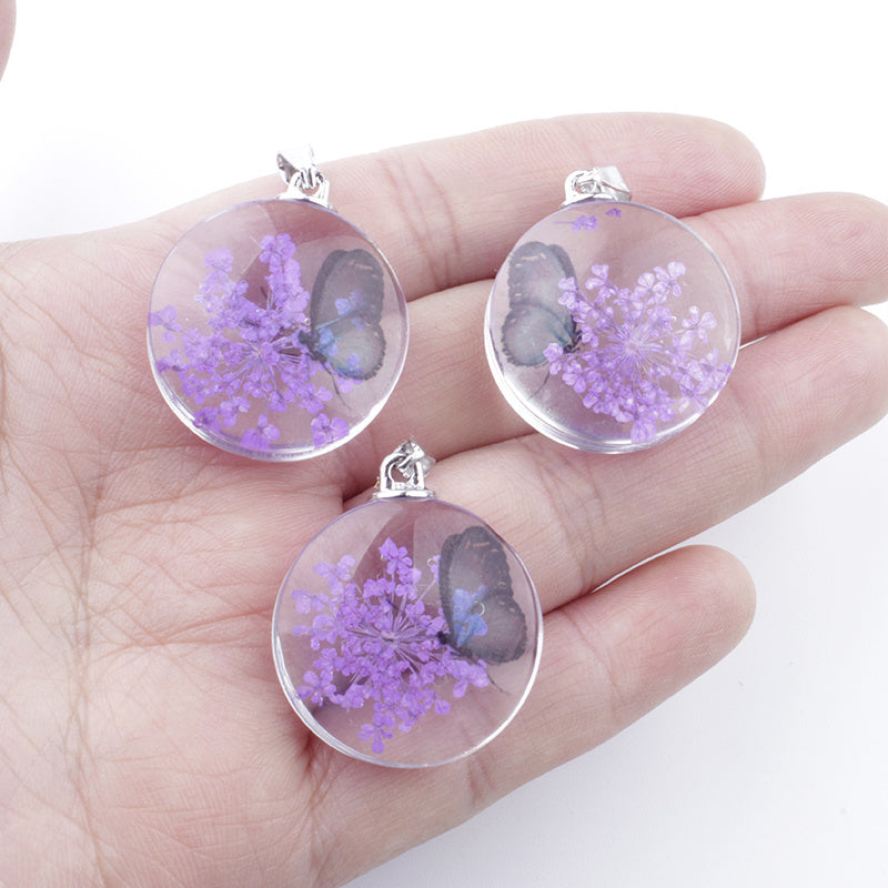 3pcs Clear Round Glass Dried Flower Pendant - Perfect for Butterfly Flower Necklace Making!