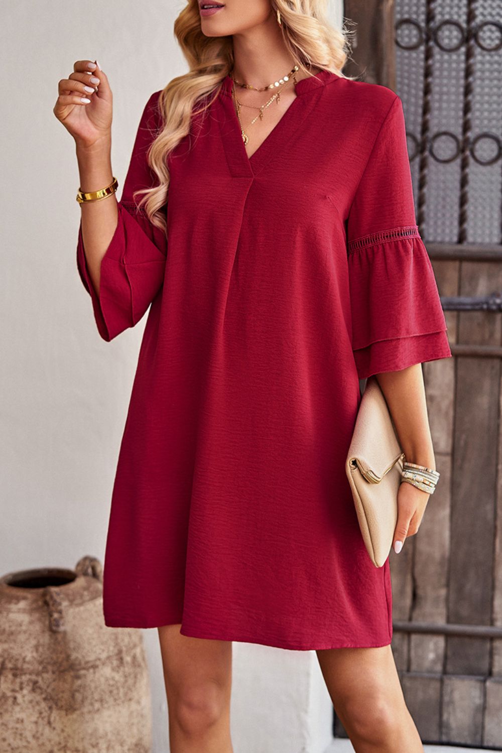 Notched Neck Flare Sleeve Pocket Dress