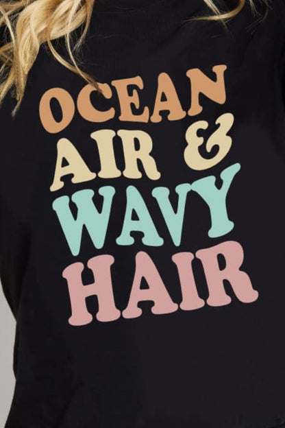 Camiseta de algodón con gráfico OCEAN AIR &amp; WAVY HAIR de talla grande de Simply Love