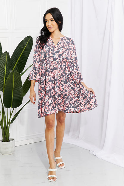 Sew In Love Full Size Floral Notched Neck Three-Quarter Sleeve Mini Dress