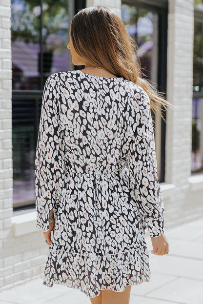 Printed Tie-Waist Long Flounce Sleeve Dress